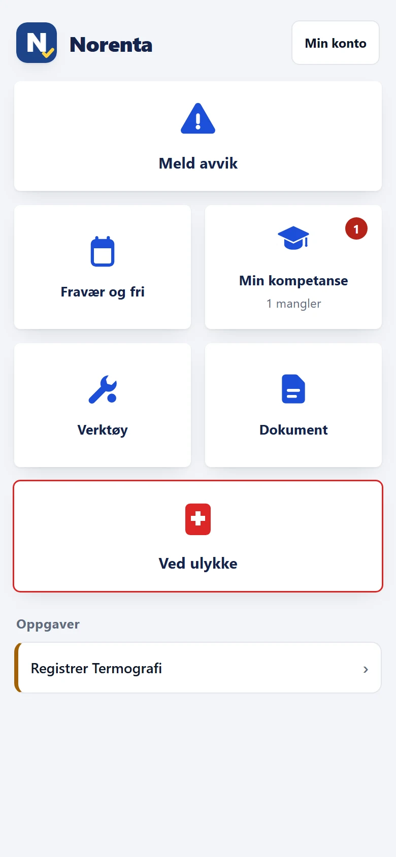 Heimeskjermen i appen med demodata: Meld avvik, Fravær og fri, Min kompetanse, Verktøy, Dokument og Ved ulykke