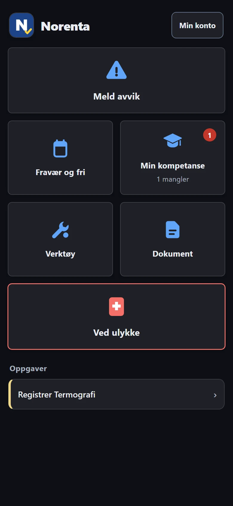 Heimeskjermen i appen med demodata: Meld avvik, Fravær og fri, Min kompetanse, Verktøy, Dokument og Ved ulykke