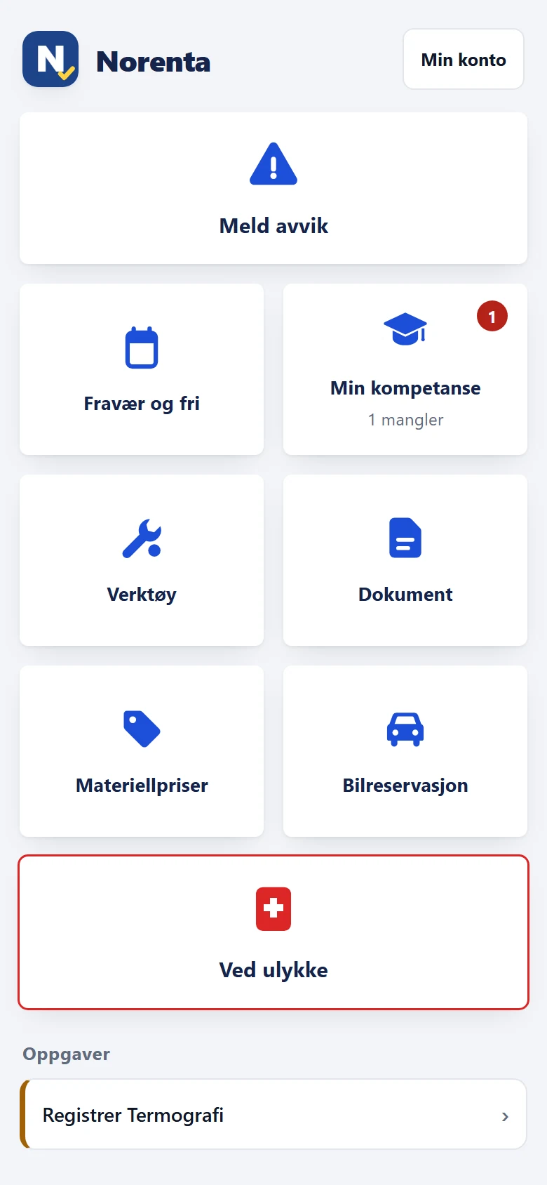 Illustrasjon av en tilpasset app: heimeskjermen med to egne moduler i tillegg, Materiellpriser og Bilreservasjon